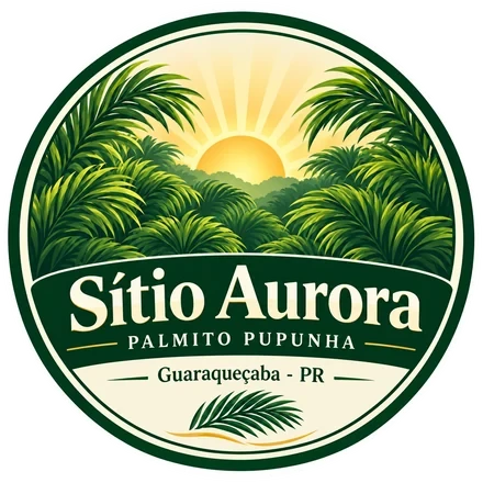 Logomarca Sítio Aurora, sol nascente e copas de pupunha